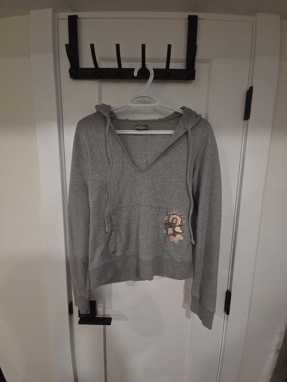 Garage V-Neck Floral Embroidered Hoodie Gray Y2K